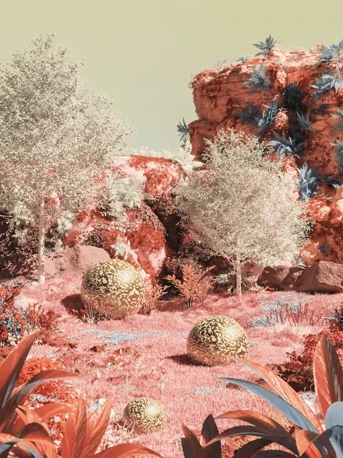 Gold spheres resting on coral-pink grass in an infrared garden